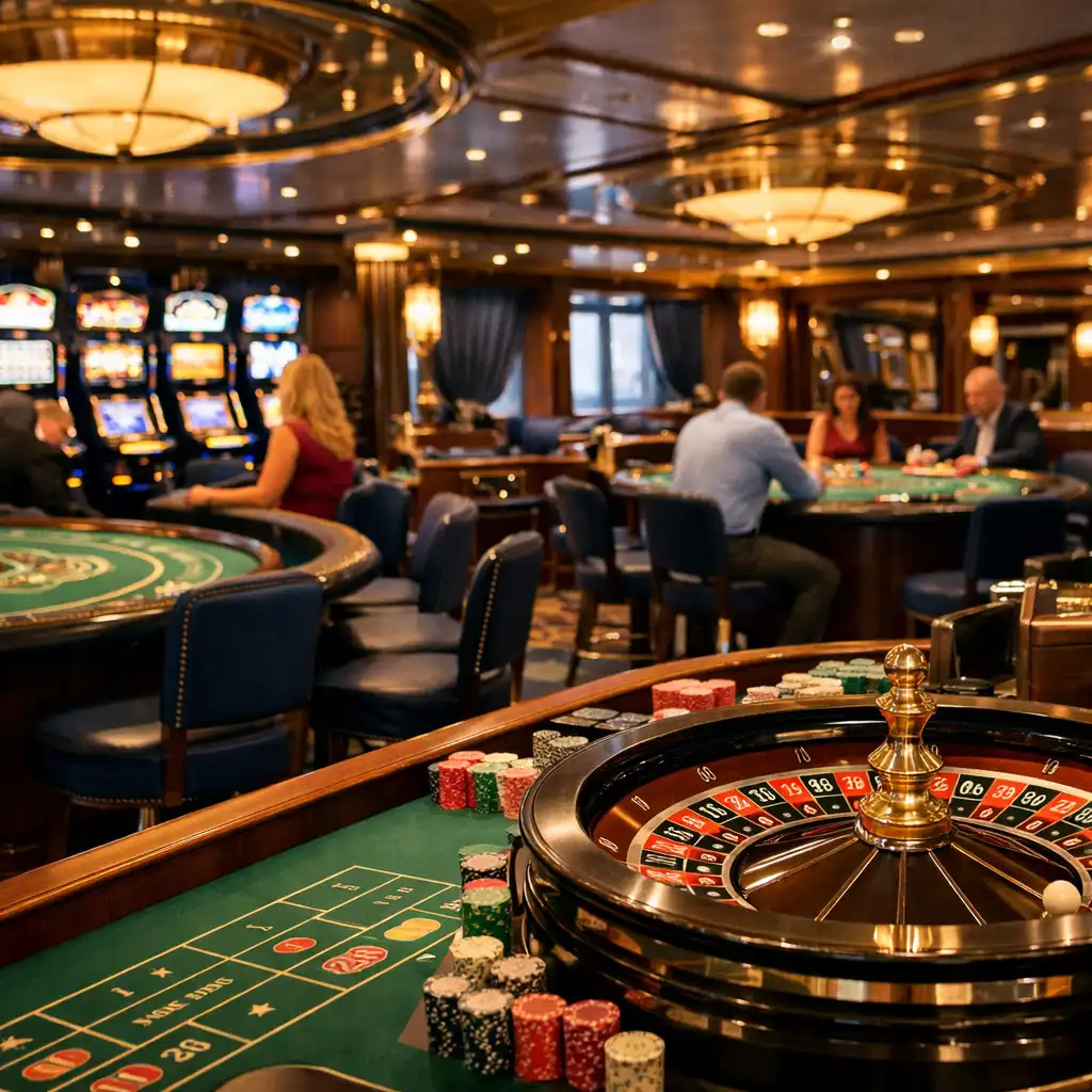 An elegant cruise ship casino interior with slot machines and card tables