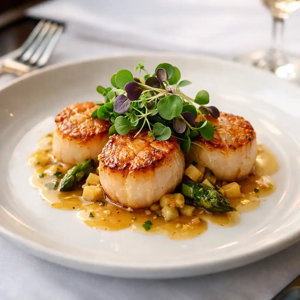 A close-up of a gourmet dish with seared scallops on a white tablecloth