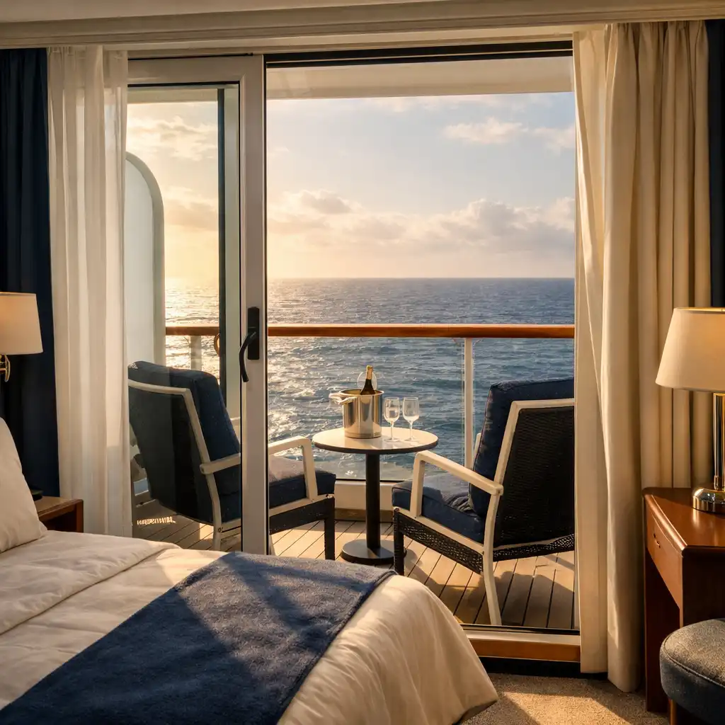 A cruise ship balcony cabin with a private veranda, outdoor seating, and ocean views