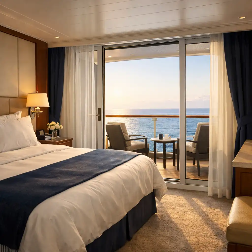 A luxurious cruise ship balcony cabin interior with a king bed, floor-to-ceiling glass door, and a private veranda overlooking the ocean
