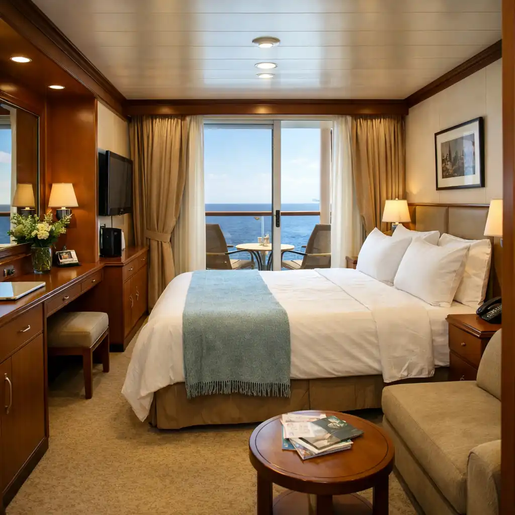 Well-appointed cruise ship cabin with balcony and natural light