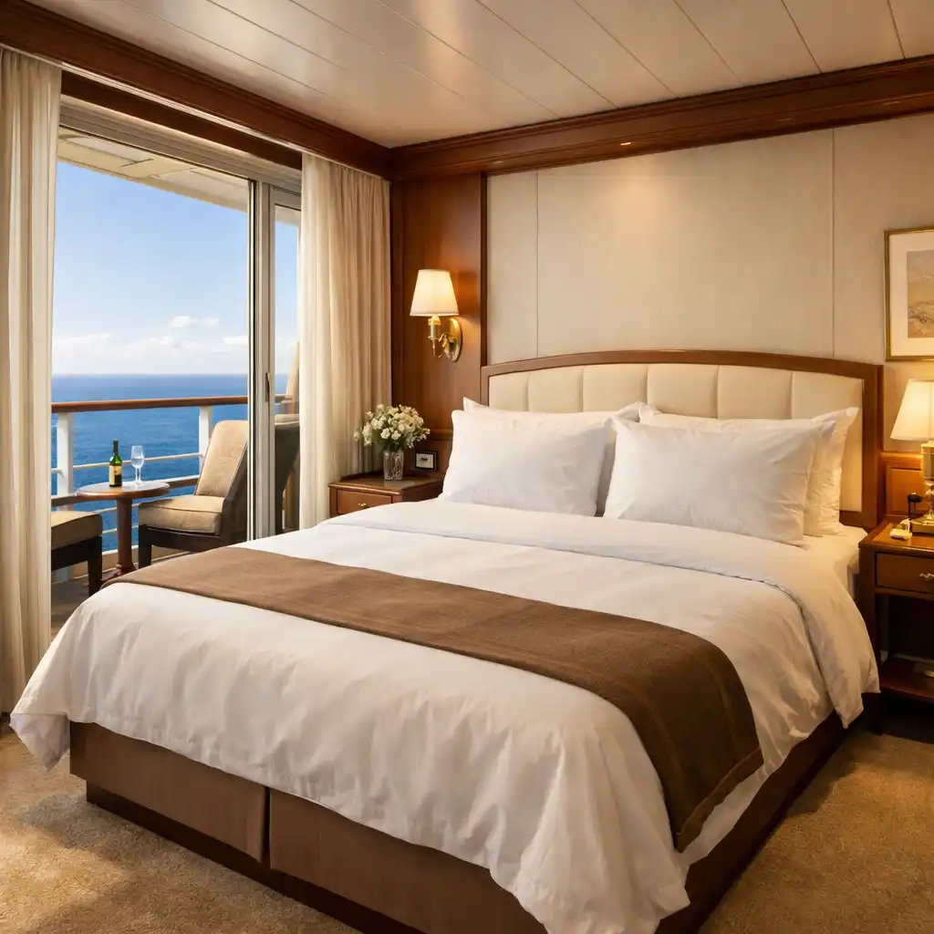 An elegant cruise ship balcony cabin interior with a king-size bed and ocean view