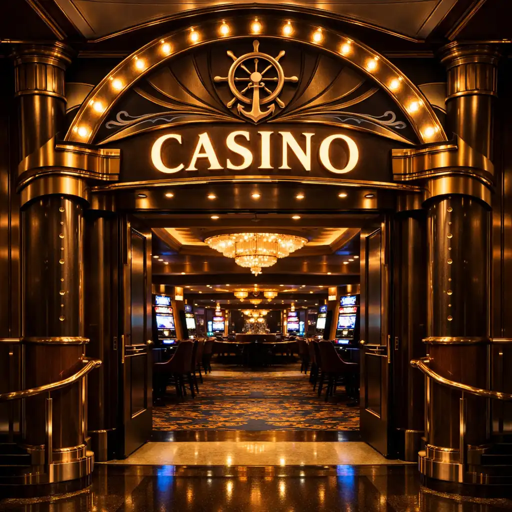 Illuminated archway entrance to a cruise ship casino with brass details and a nautical motif