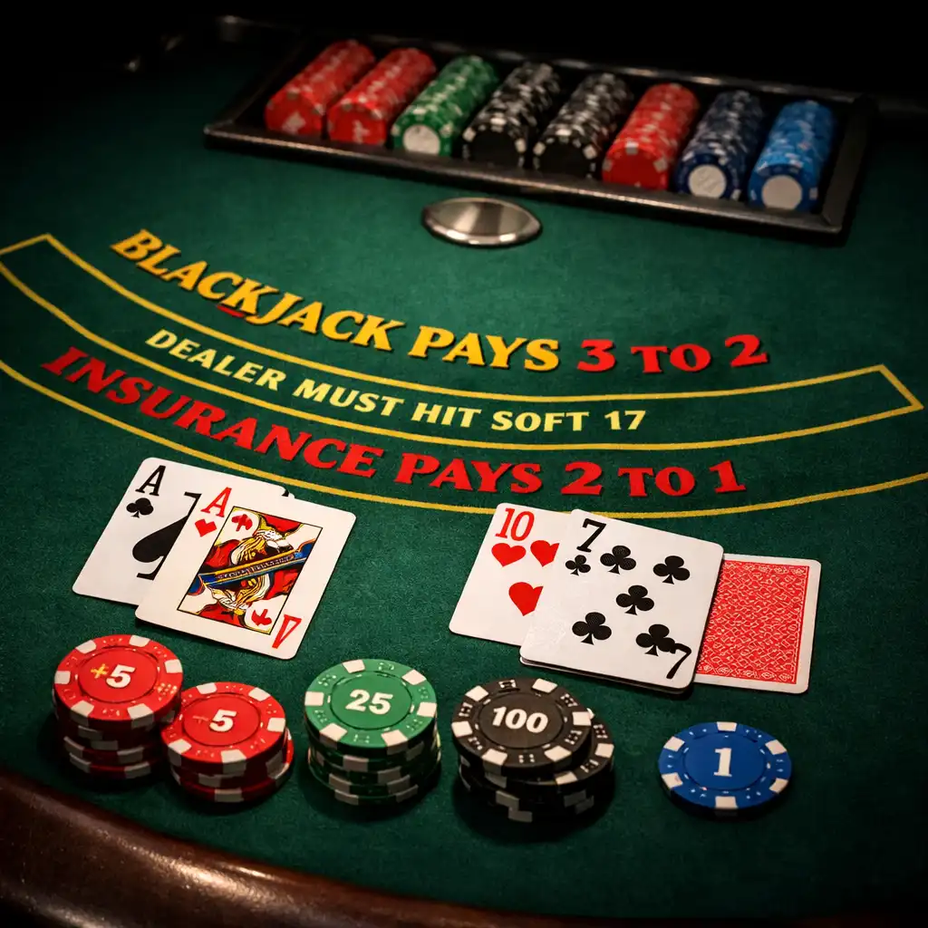 Close-up of a blackjack table with felt, cards, and chips under focused lighting