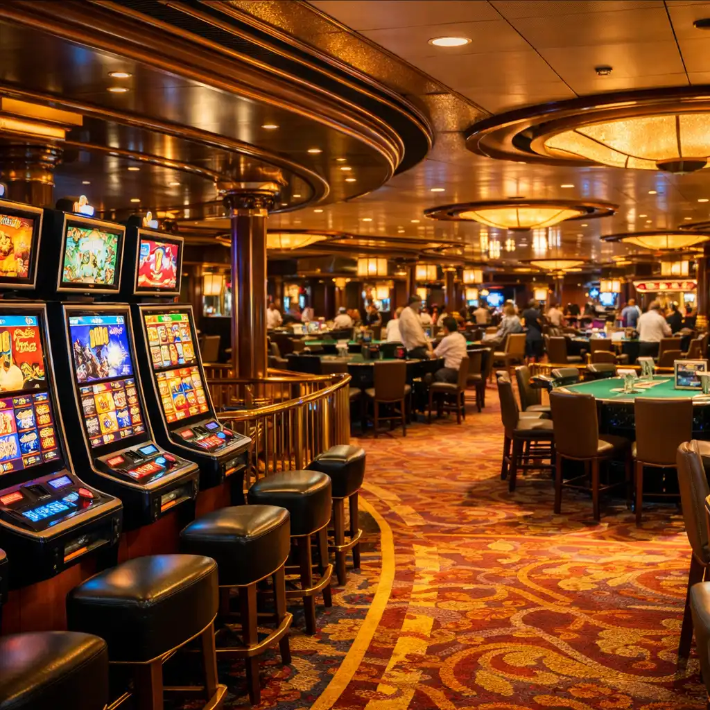 Wide view of a cruise ship casino gaming floor with rows of slot machines and table games under vibrant lighting