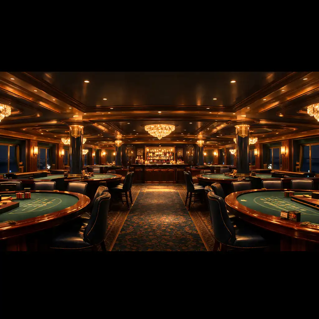 Cinematic interior of a luxurious cruise ship casino with elegant gaming tables and warm brass lighting