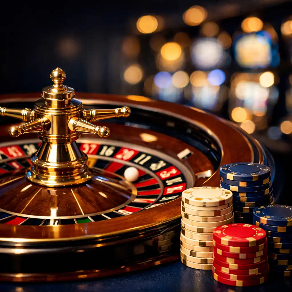 Close-up of a roulette wheel and stack of chips in a cruise ship casino with blurred slot machine lights in the background