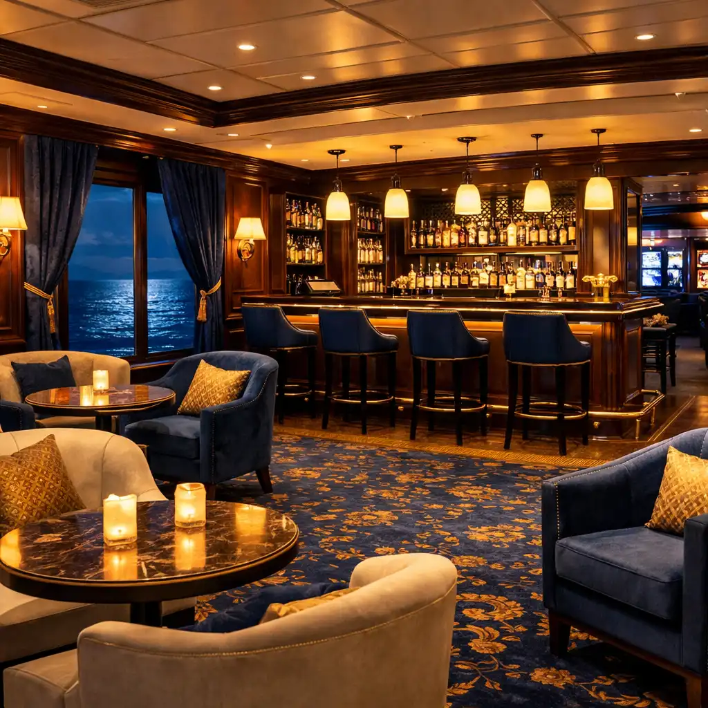 Cozy lounge area within a cruise ship casino with plush seating, a small bar, and ocean views at night