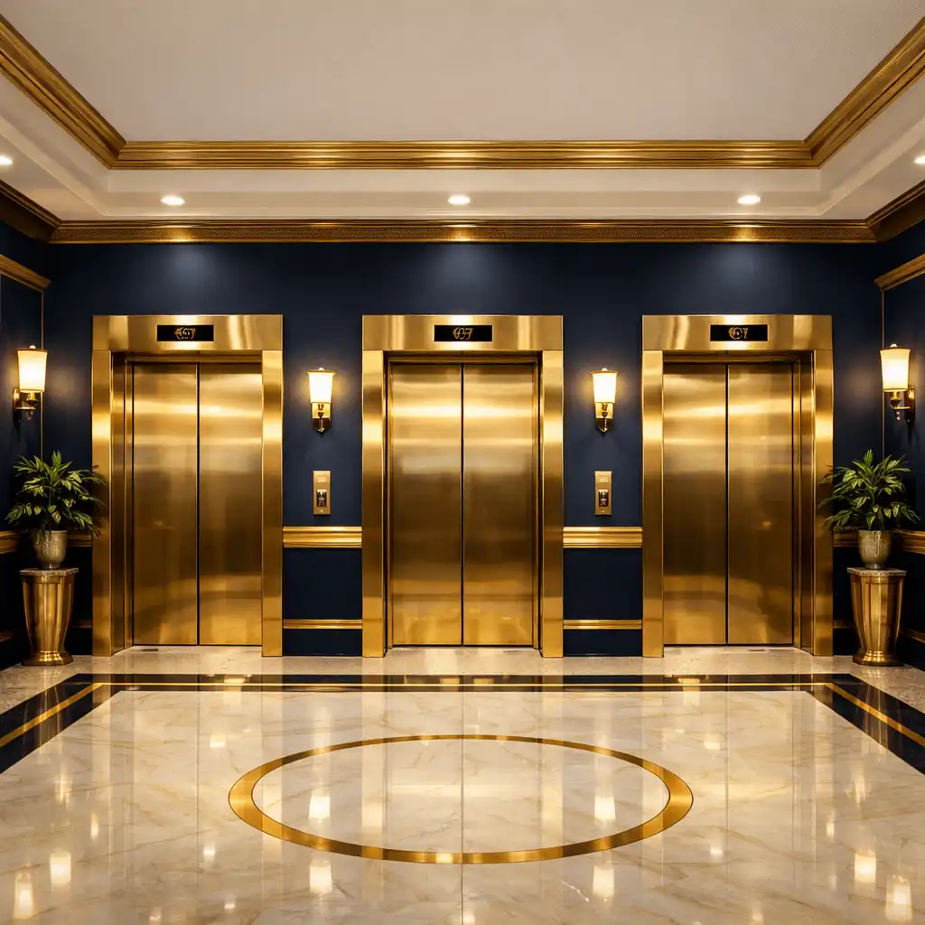 Elegant elevator lobby on a cruise ship with brass accents and warm lighting