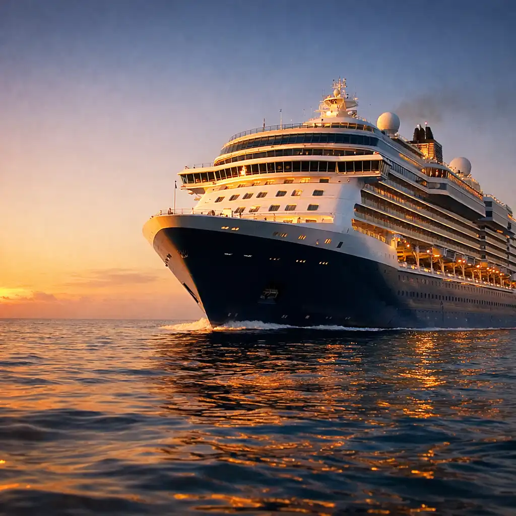 Majestic cruise ship sailing through calm ocean waters at golden hour