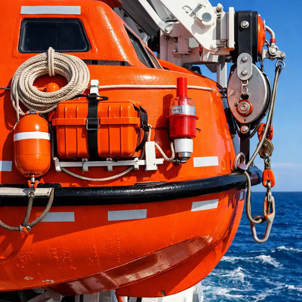 Close-up of a cruise ship lifeboat with orange hull and safety equipment