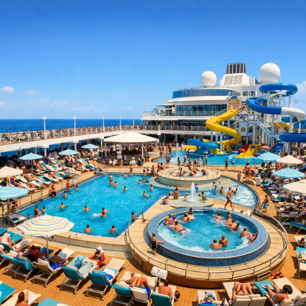 Vibrant cruise ship pool deck with multiple pools, water slides, and sun loungers