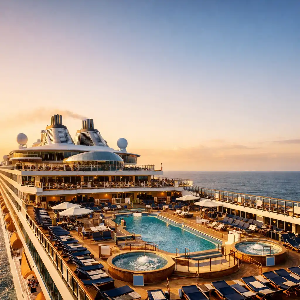 A modern cruise ship's upper deck at golden hour, showing multiple decks, pools, and sun loungers at sea