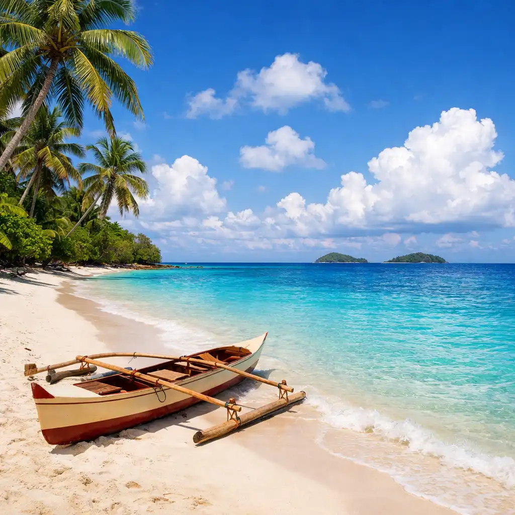 A pristine South Pacific island beach with white sand and turquoise water