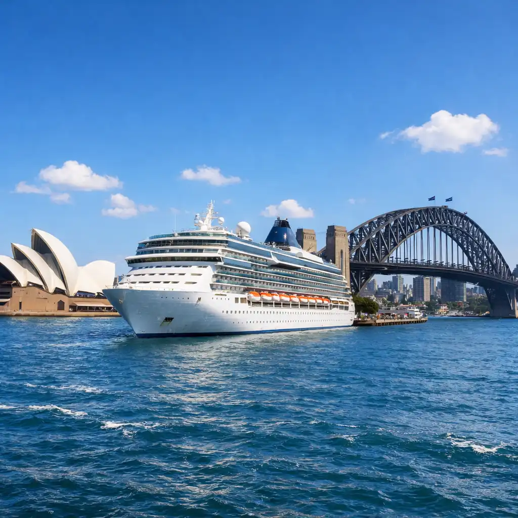 A panoramic view of Sydney Harbour with the Opera House and Harbour Bridge