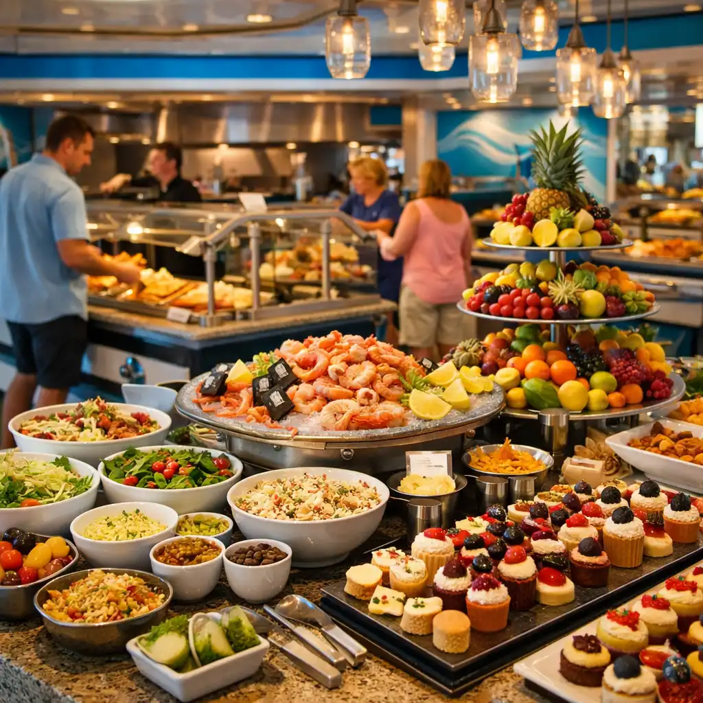 A vibrant cruise ship buffet area with fresh food stations