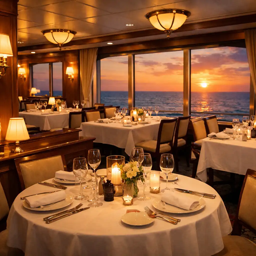 Elegant cruise ship restaurant interior with tables set for dinner and ocean view