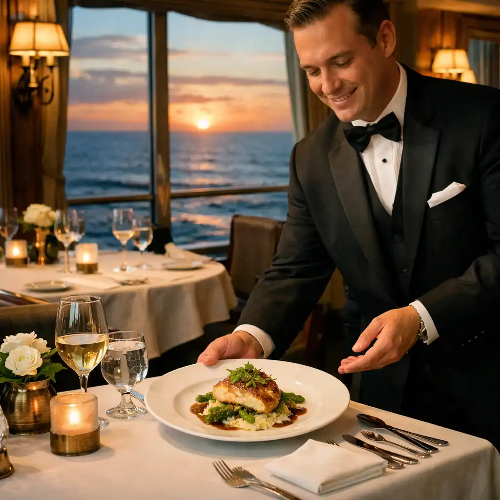 A sophisticated cruise ship specialty restaurant with white tablecloths and ocean views