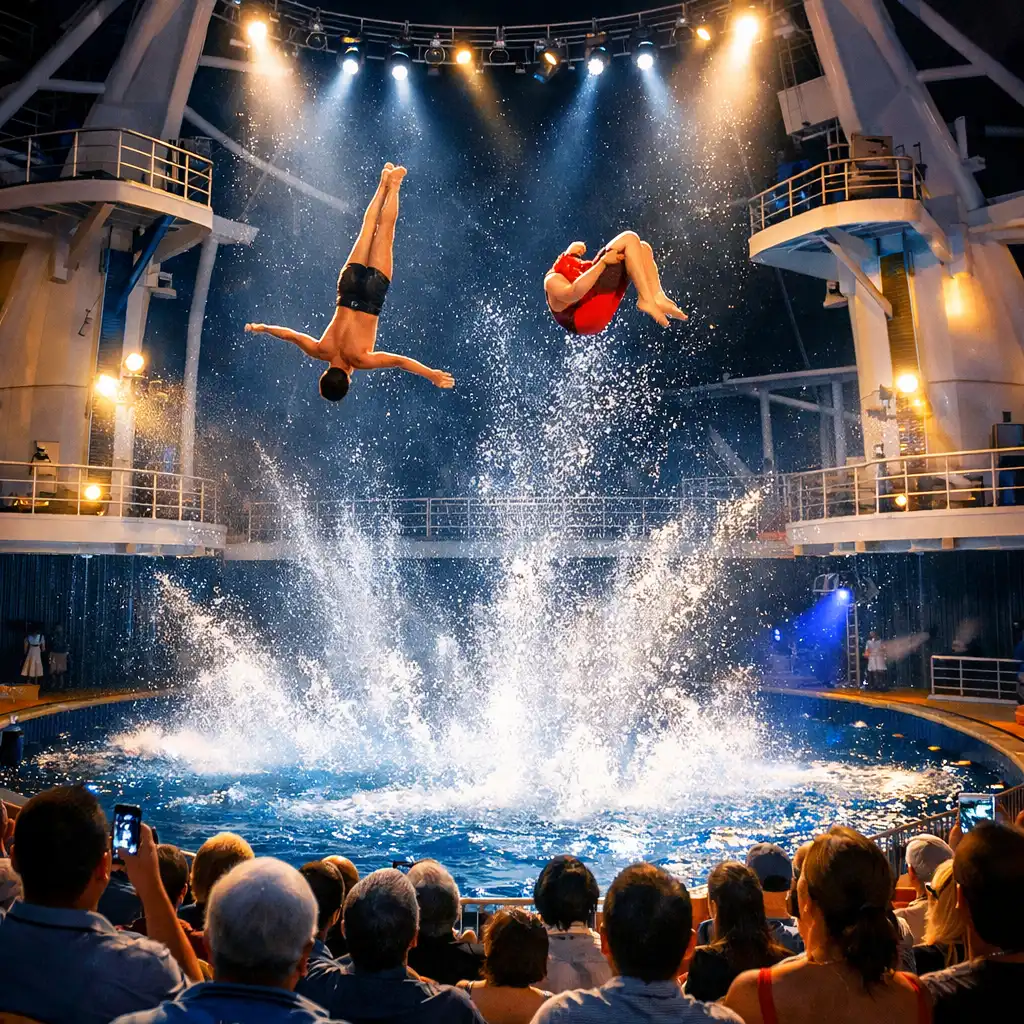 High divers suspended mid-air above a deep pool during a cruise ship aqua theatre show with a filled amphitheatre