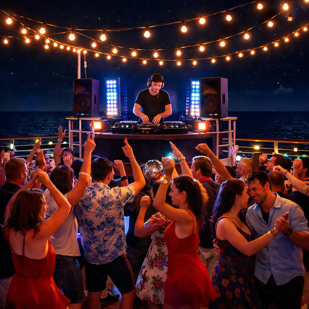 Passengers dancing under strings of fairy lights at a vibrant cruise ship deck party with a DJ on a raised platform