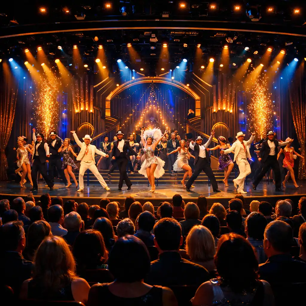 A packed cruise ship theatre during a Broadway-style production with warm golden and deep blue stage lighting