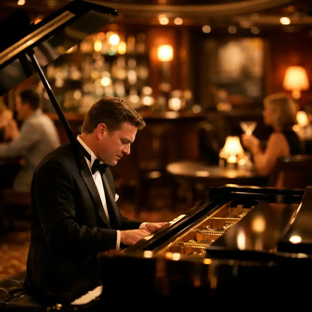A pianist in a tuxedo playing a grand piano in an intimate cruise ship piano bar with warm amber lighting