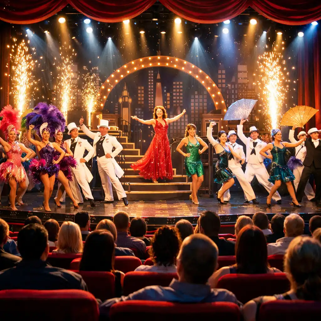 A grand cruise ship theater with a live Broadway-style show in progress