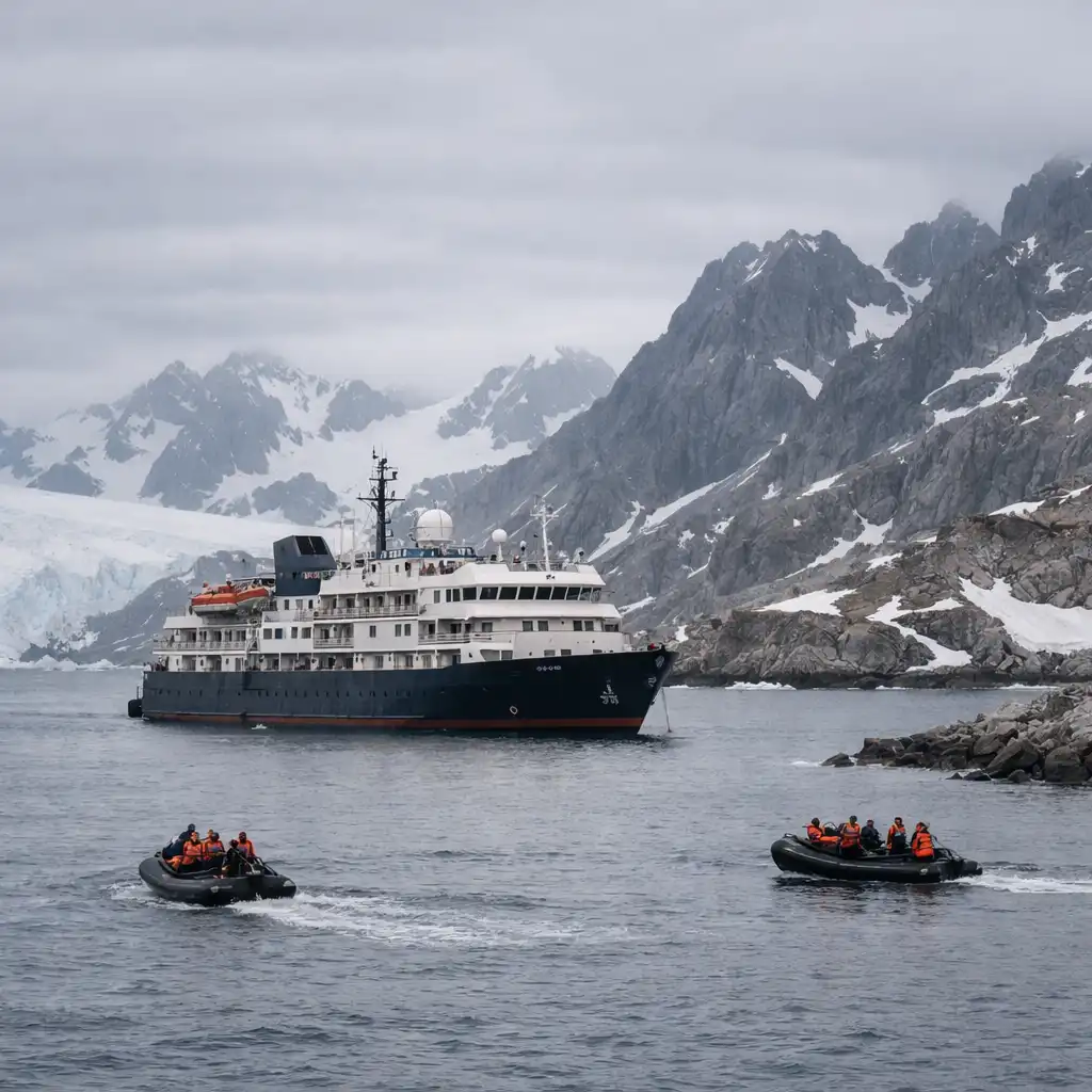 Expedition cruise ship anchored near rugged icy coastline with zodiac boats