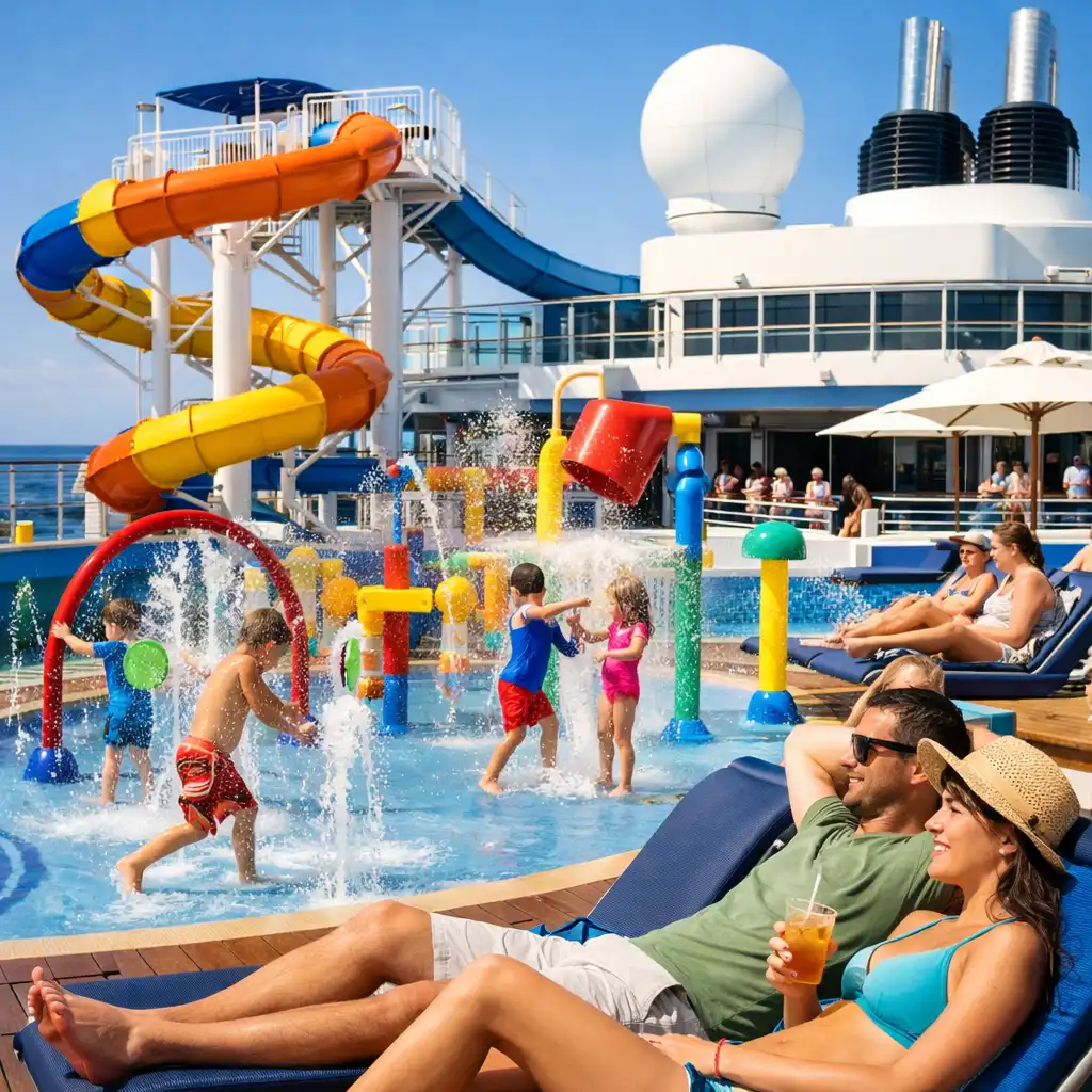 Family-friendly cruise ship pool deck with water slide and splash zone