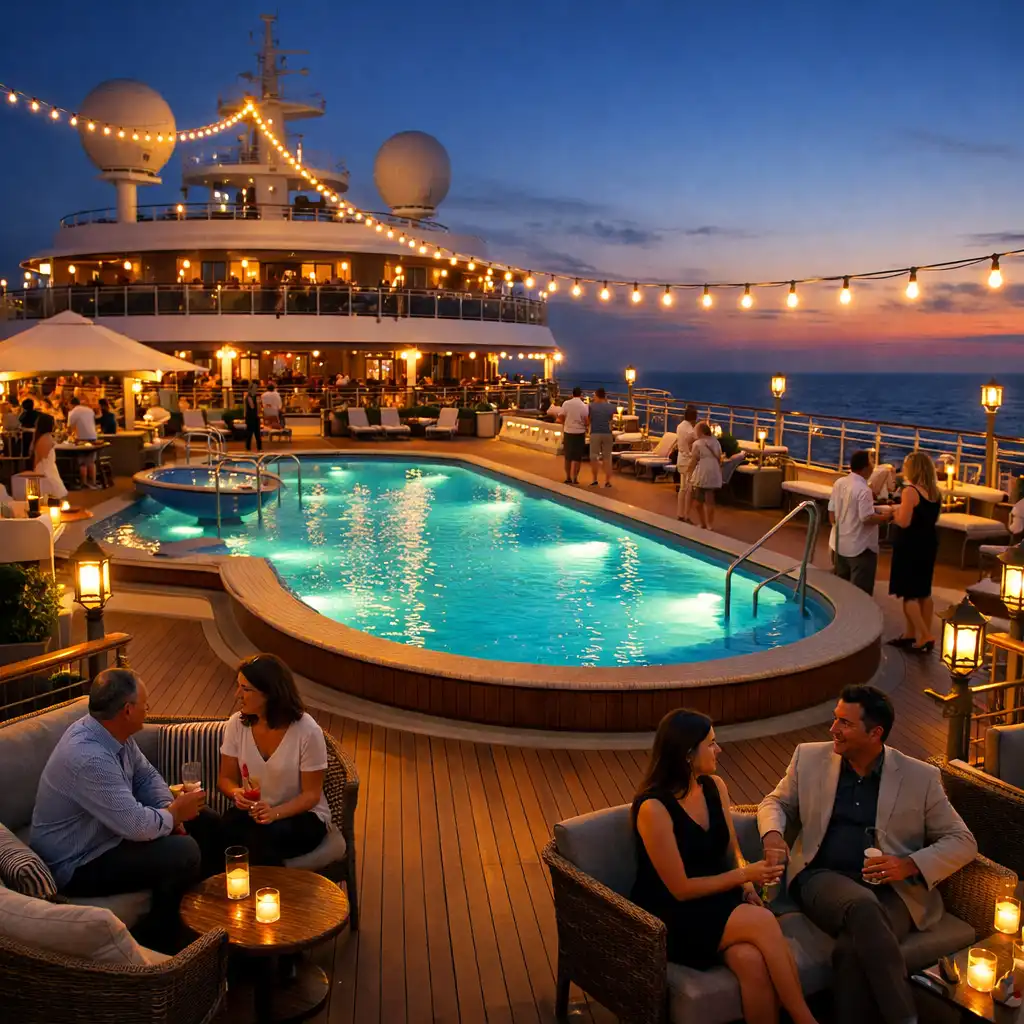 Luxury cruise ship top deck at dusk with pool and outdoor seating