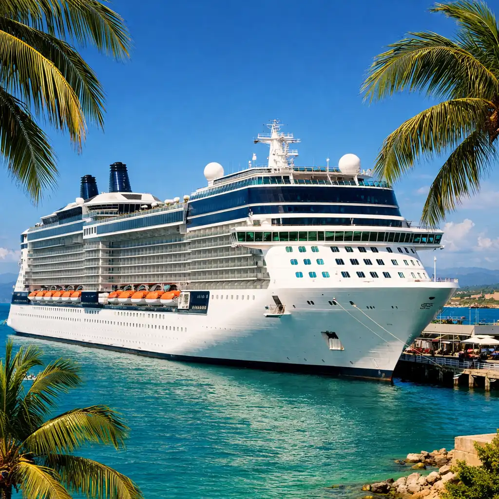 A modern luxury cruise ship docked at a tropical port