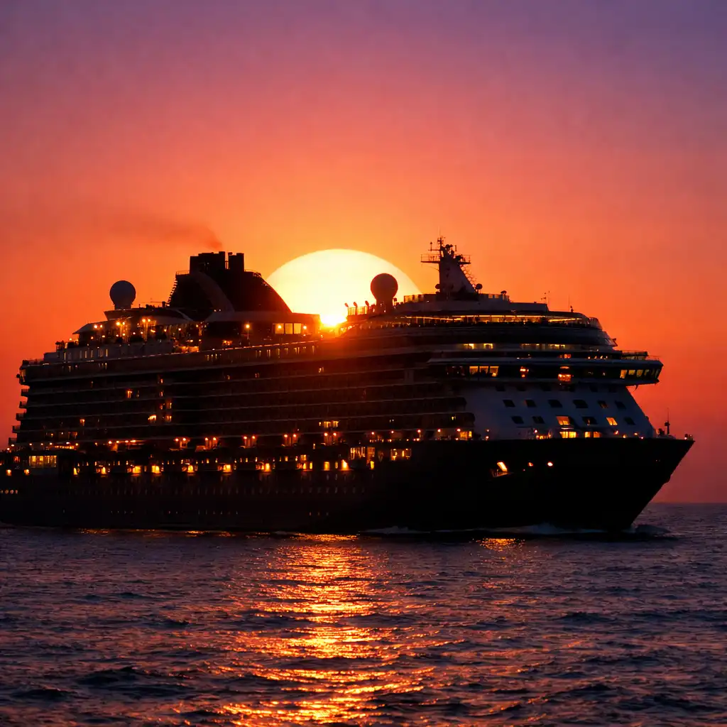 A contemporary cruise ship at sea during sunset