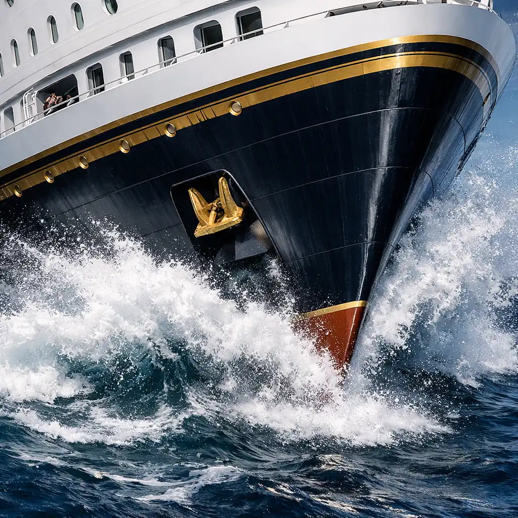 A close-up of a cruise ship bow cutting through deep blue water
