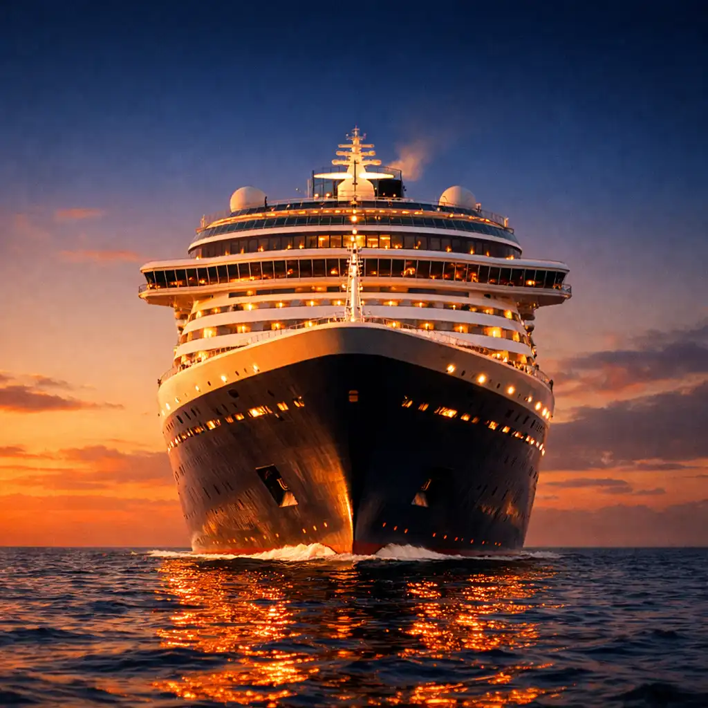 A luxury cruise ship sailing on calm deep-blue ocean at golden hour