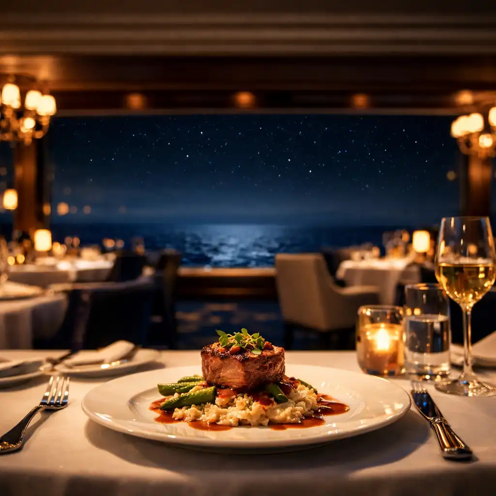 Elegant cruise ship main dining room at night with white tablecloths, brass chandeliers, and panoramic ocean windows