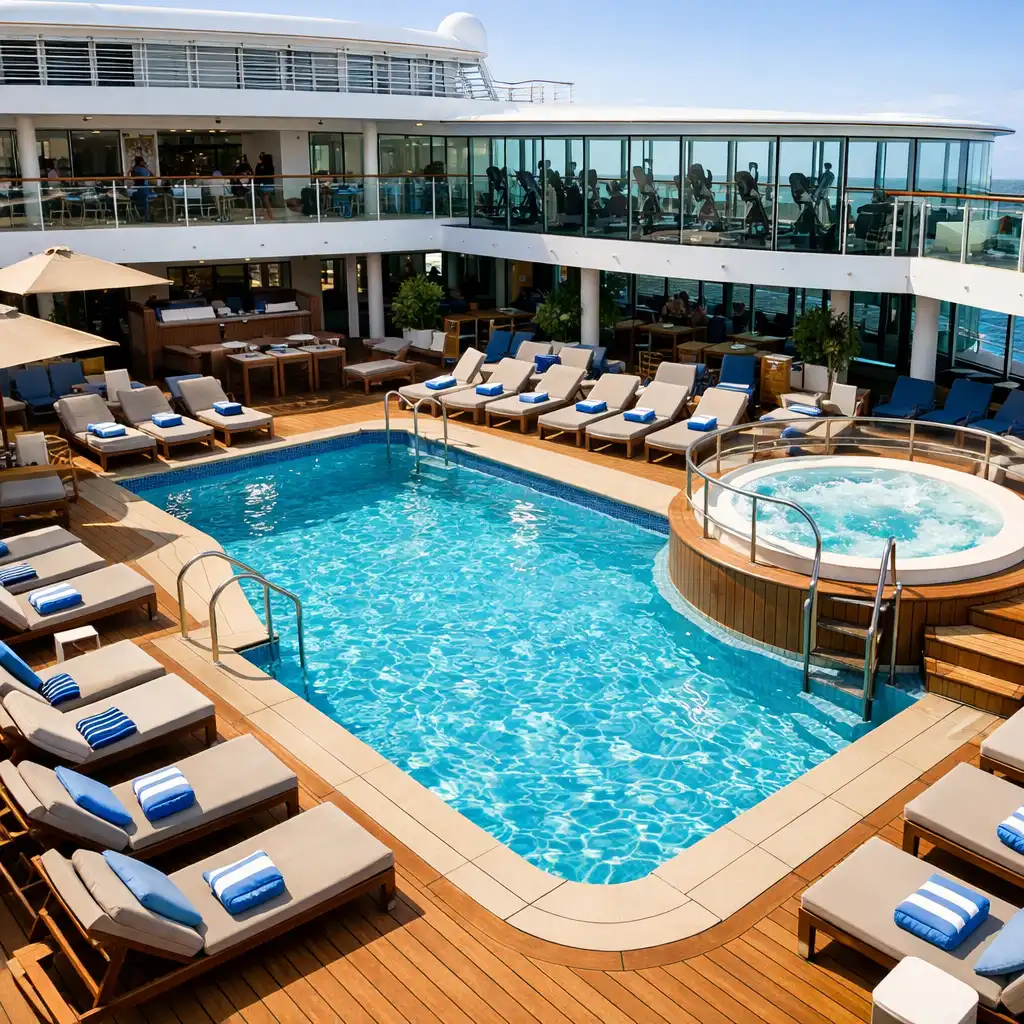 Cruise ship pool deck and spa area with clear blue water and fitness center