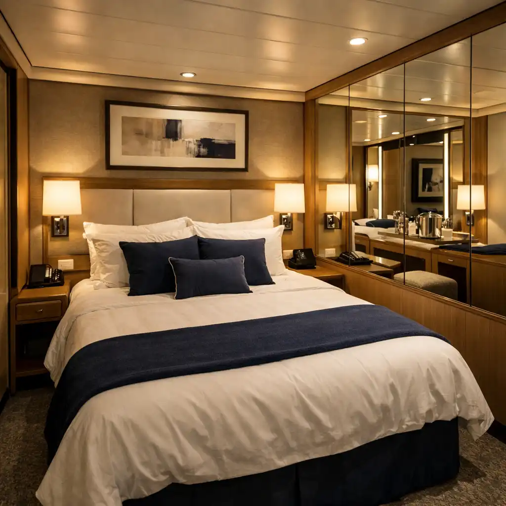 A compact inside cruise ship cabin with warm ambient lighting, a comfortable bed, and a mirrored wall