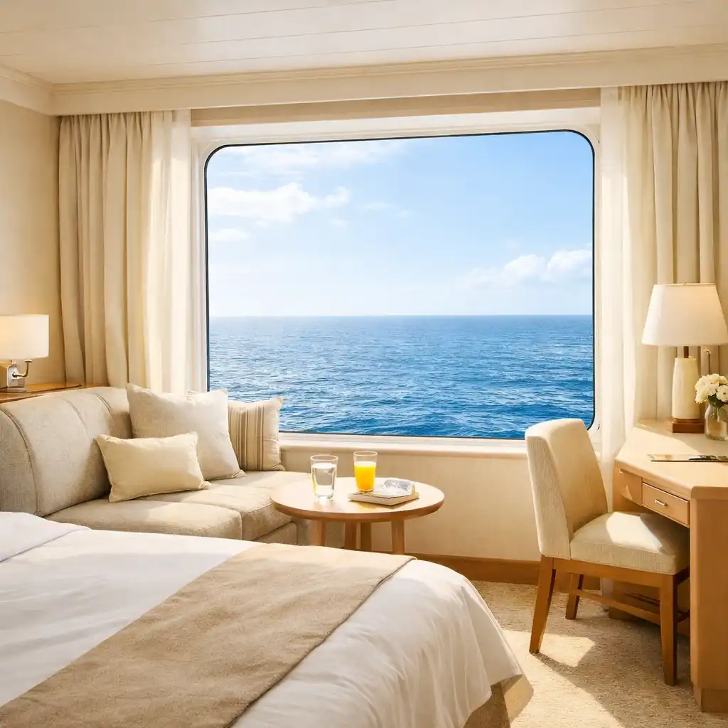 A bright oceanview cruise ship cabin with a large picture window and natural light streaming in