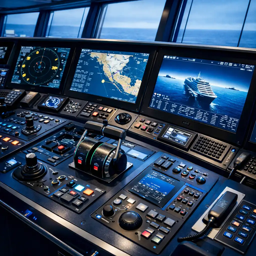Modern cruise ship bridge control panel with screens, dials, and navigation equipment