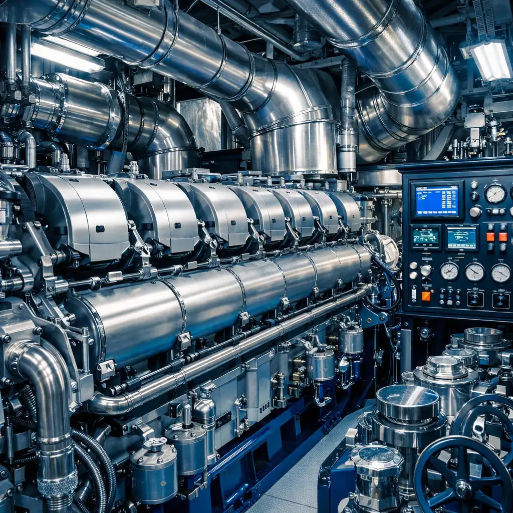 Close-up of a modern cruise ship engine room with gleaming machinery, pipes, and control panels