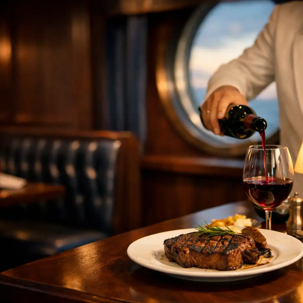 Intimate specialty steakhouse on a cruise ship with dark wood panelling, a grilled ribeye steak, and a waiter pouring red wine